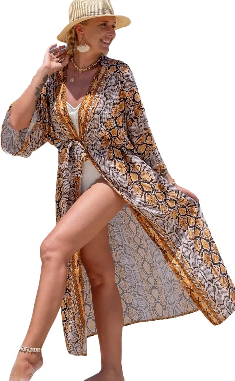 RanRui Womenloose Kimono Duster Beach Blouse Long Beach Kimono Robe Cover ups Kimonos for Women