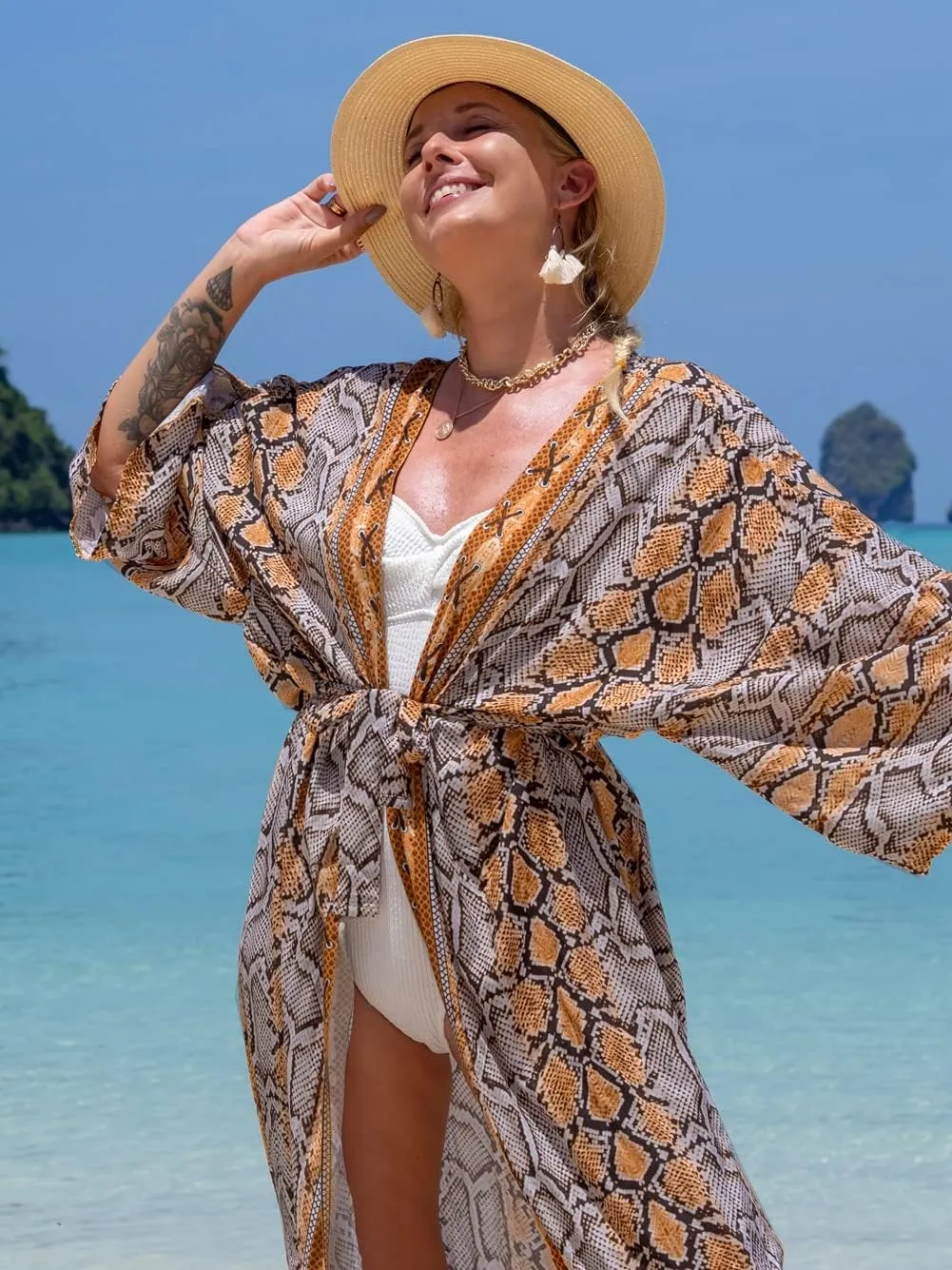 RanRui Womenloose Kimono Duster Beach Blouse Long Beach Kimono Robe Cover ups Kimonos for Women