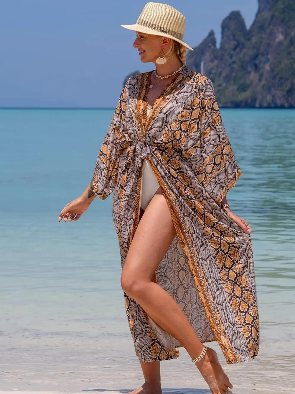 RanRui Womenloose Kimono Duster Beach Blouse Long Beach Kimono Robe Cover ups Kimonos for Women