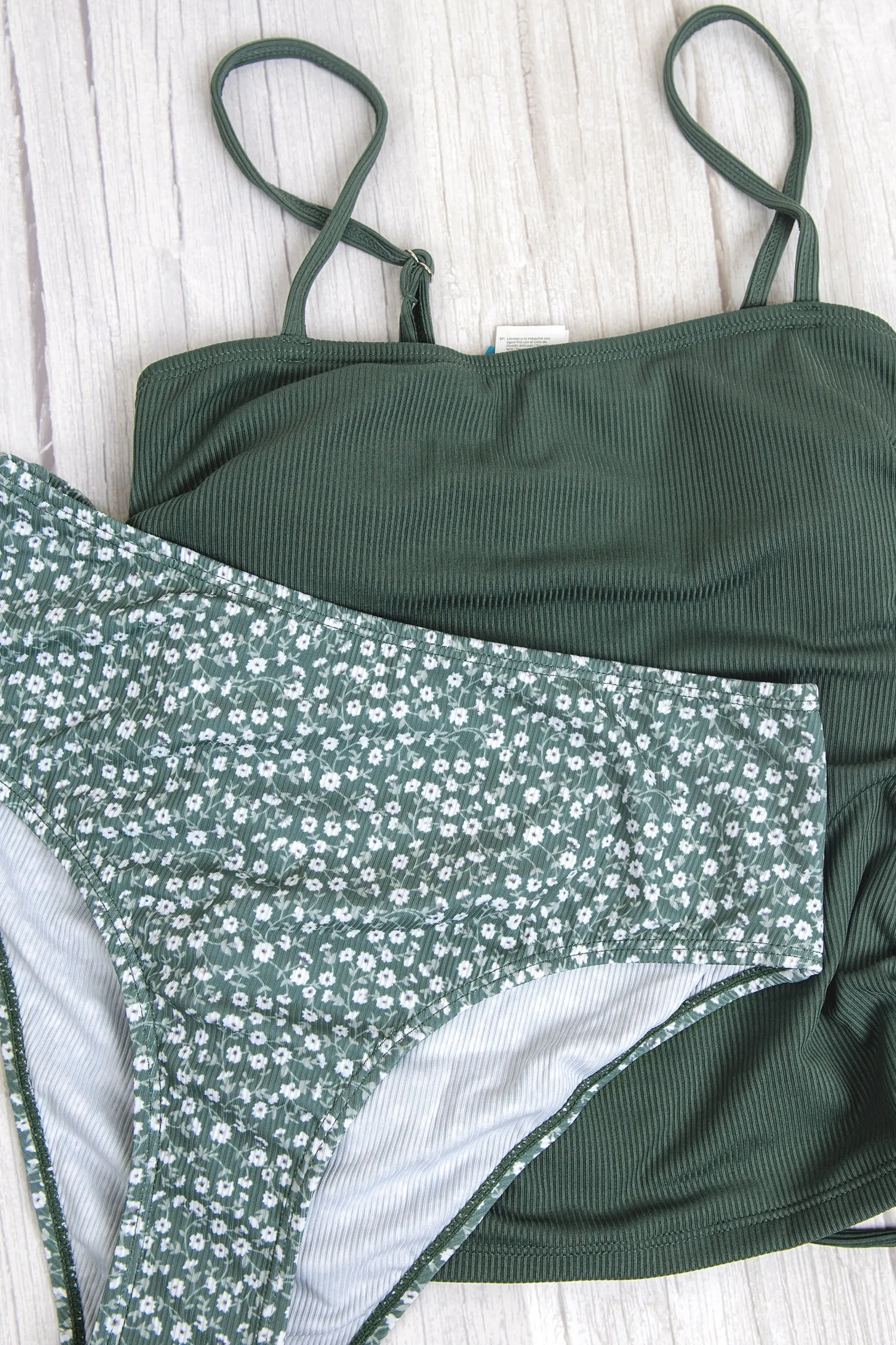 Rib Ruched Drawstring Top & Ditsy Floral High Waist Tankini Set
