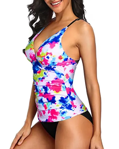 Ruched Panel Tummy Control Two Piece Tankini Set Swimsuits For Women-Tie Dye