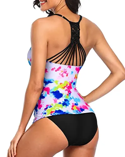 Ruched Panel Tummy Control Two Piece Tankini Set Swimsuits For Women-Tie Dye