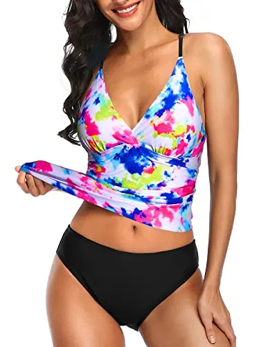 Ruched Panel Tummy Control Two Piece Tankini Set Swimsuits For Women-Tie Dye