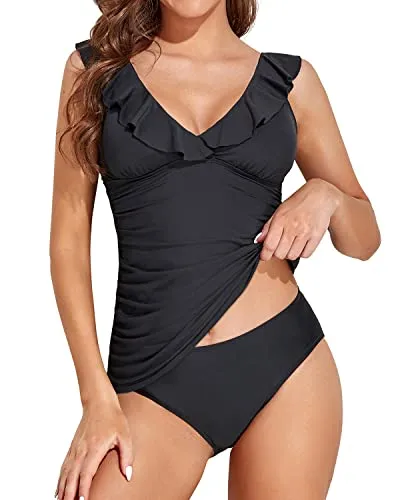 Ruffle V Neck Tankini Bathing Suit With Mid Waisted Bikini Bottom-Black