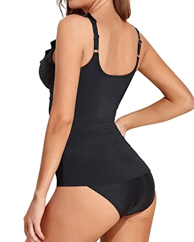 Ruffle V Neck Tankini Bathing Suit With Mid Waisted Bikini Bottom-Black