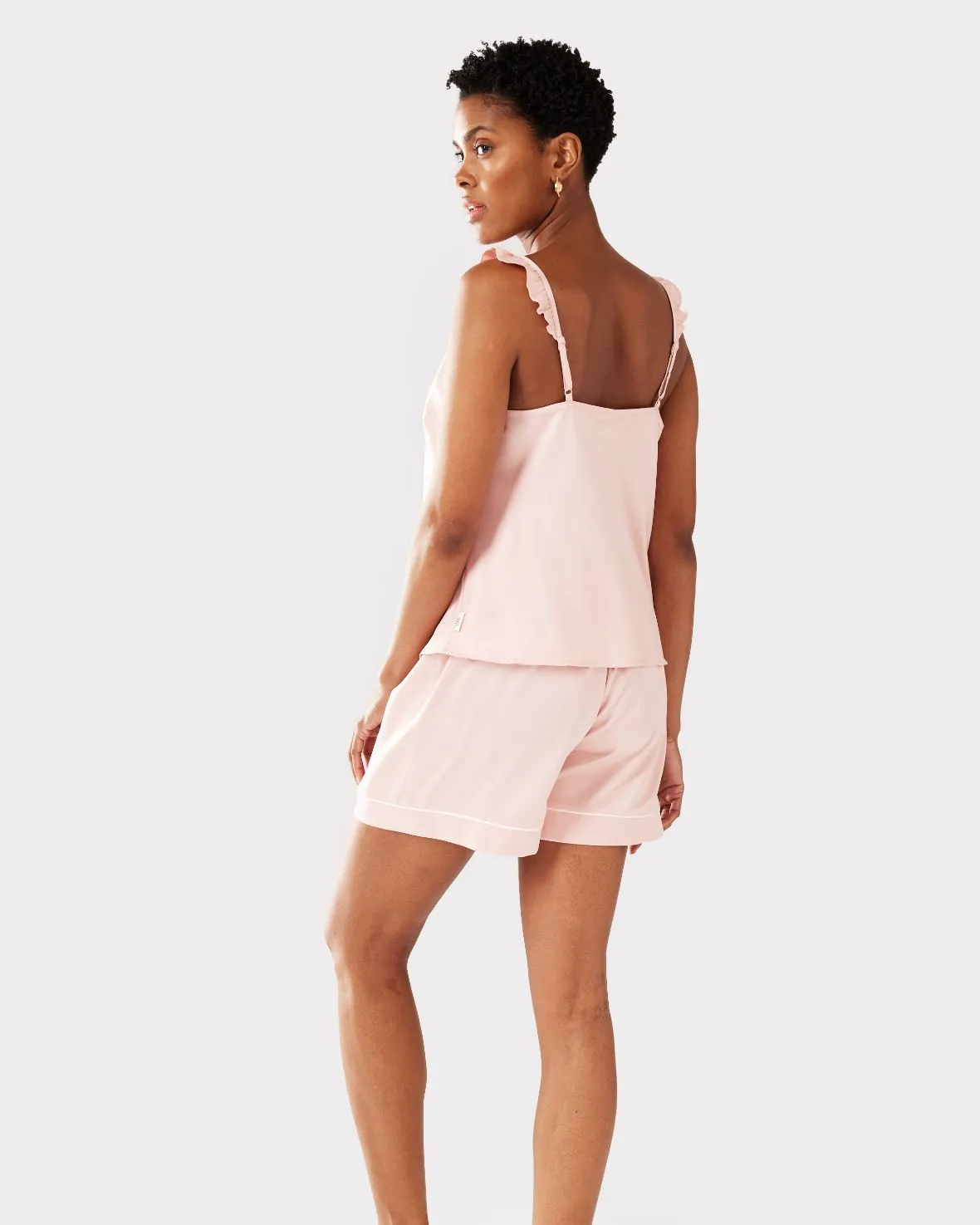 Satin Frill Trim Cami Short Pyjama Set - Blush