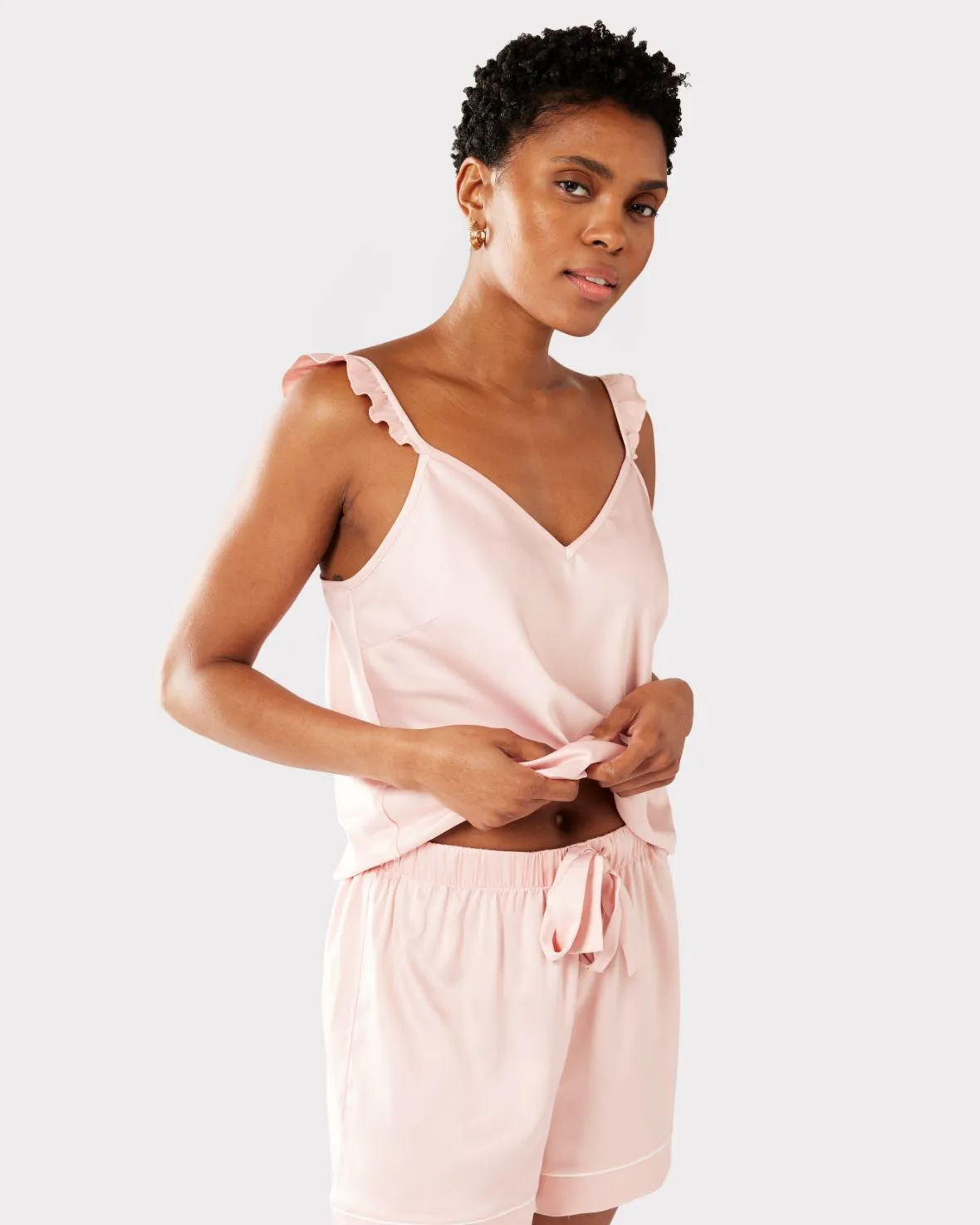 Satin Frill Trim Cami Short Pyjama Set - Blush