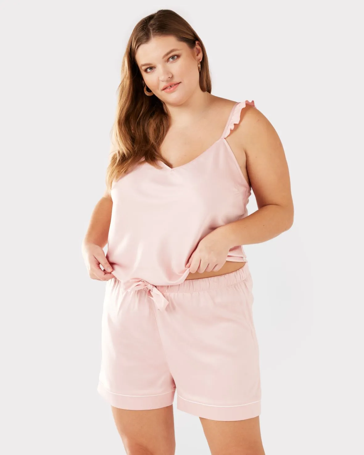 Satin Frill Trim Cami Short Pyjama Set - Blush
