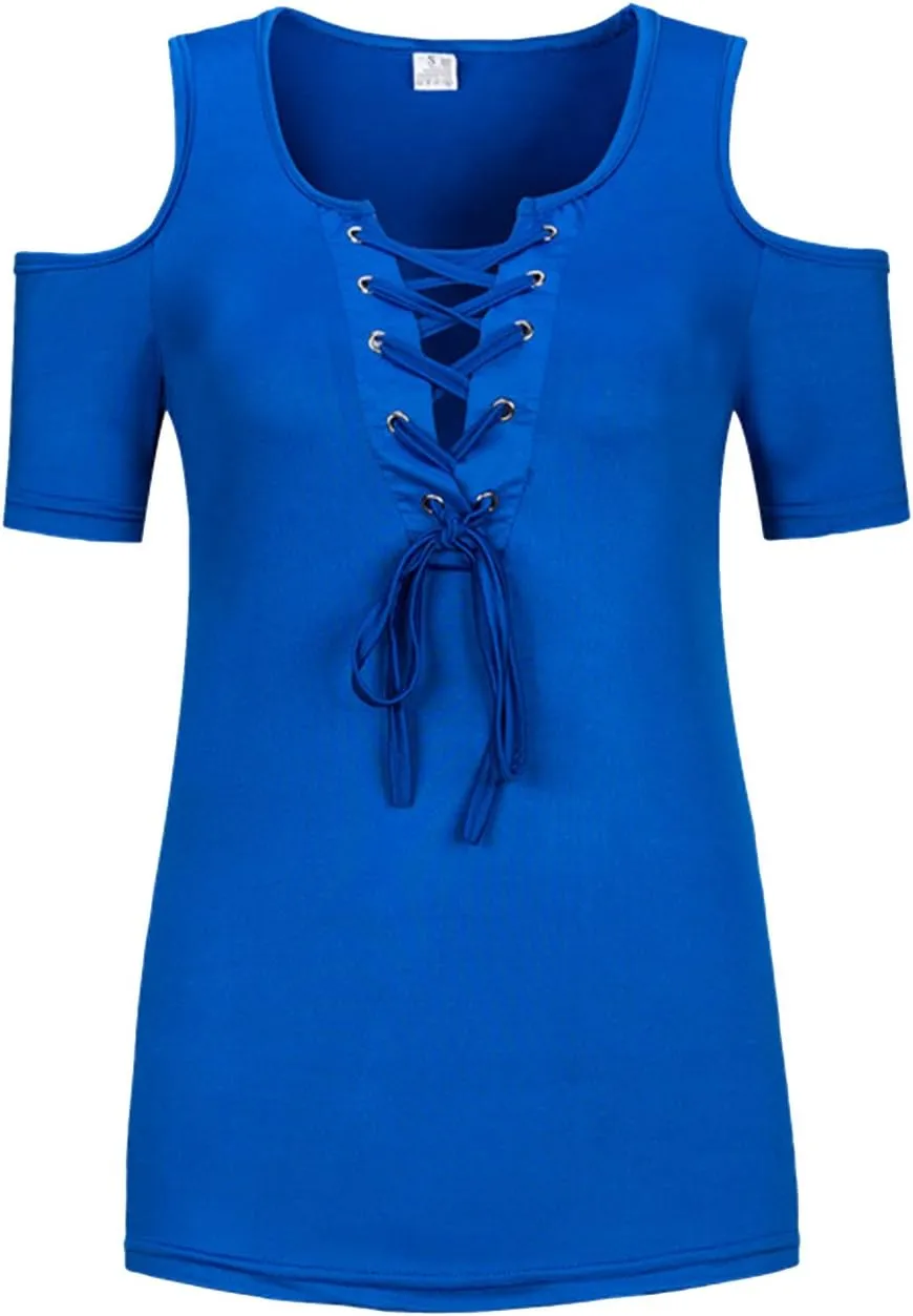 SEMATOMALA Women's Cold Shoulder Sexy Lace Up V Neck Short Sleeve Tee Shirts Tops Clubwear Plus Size