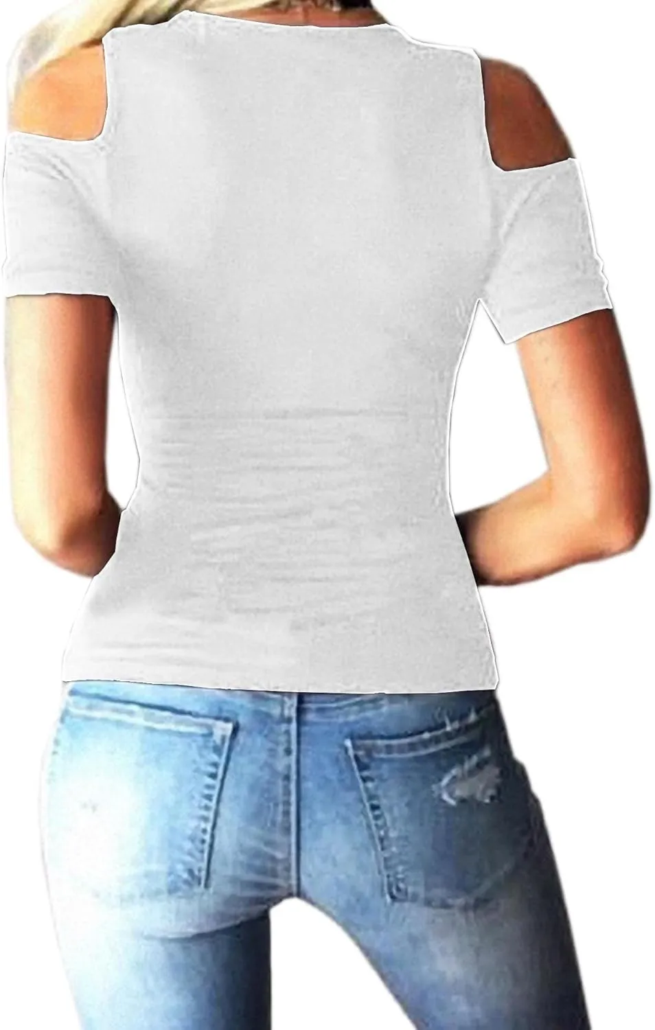 SEMATOMALA Women's Cold Shoulder Sexy Lace Up V Neck Short Sleeve Tee Shirts Tops Clubwear Plus Size