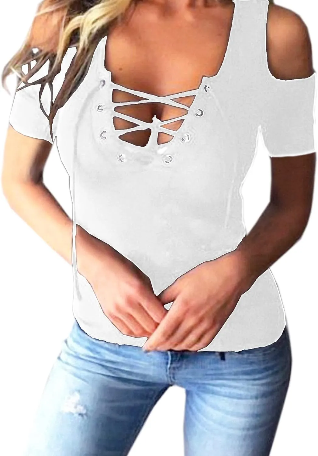 SEMATOMALA Women's Cold Shoulder Sexy Lace Up V Neck Short Sleeve Tee Shirts Tops Clubwear Plus Size