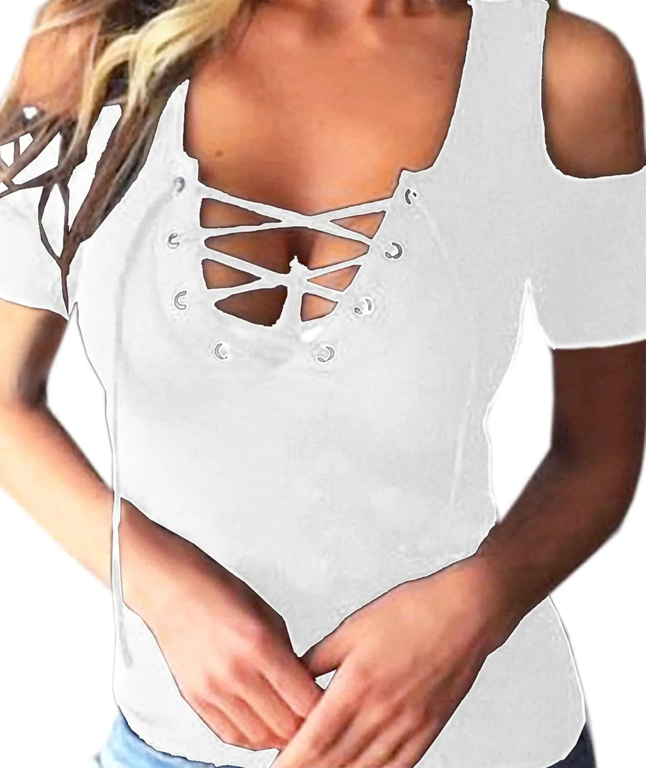 SEMATOMALA Women's Cold Shoulder Sexy Lace Up V Neck Short Sleeve Tee Shirts Tops Clubwear Plus Size