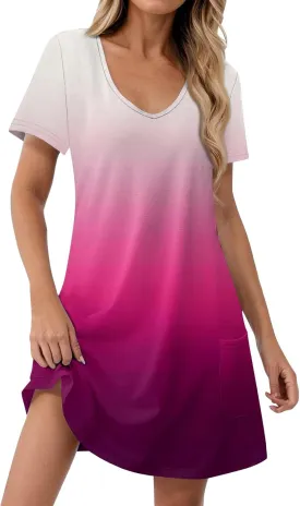 Short Sleeve Dress for Women Casual V Neck Summer Mini Dresses Beach Vacation Loose Flowy Sundress with Pockets