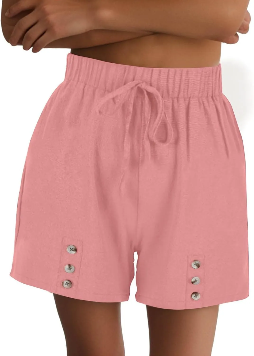 Shorts for Women Long Hawaiian Summer Elastic Flowy Shorts Front Button Cotton Linen Solid High Waisted Pants Vacation