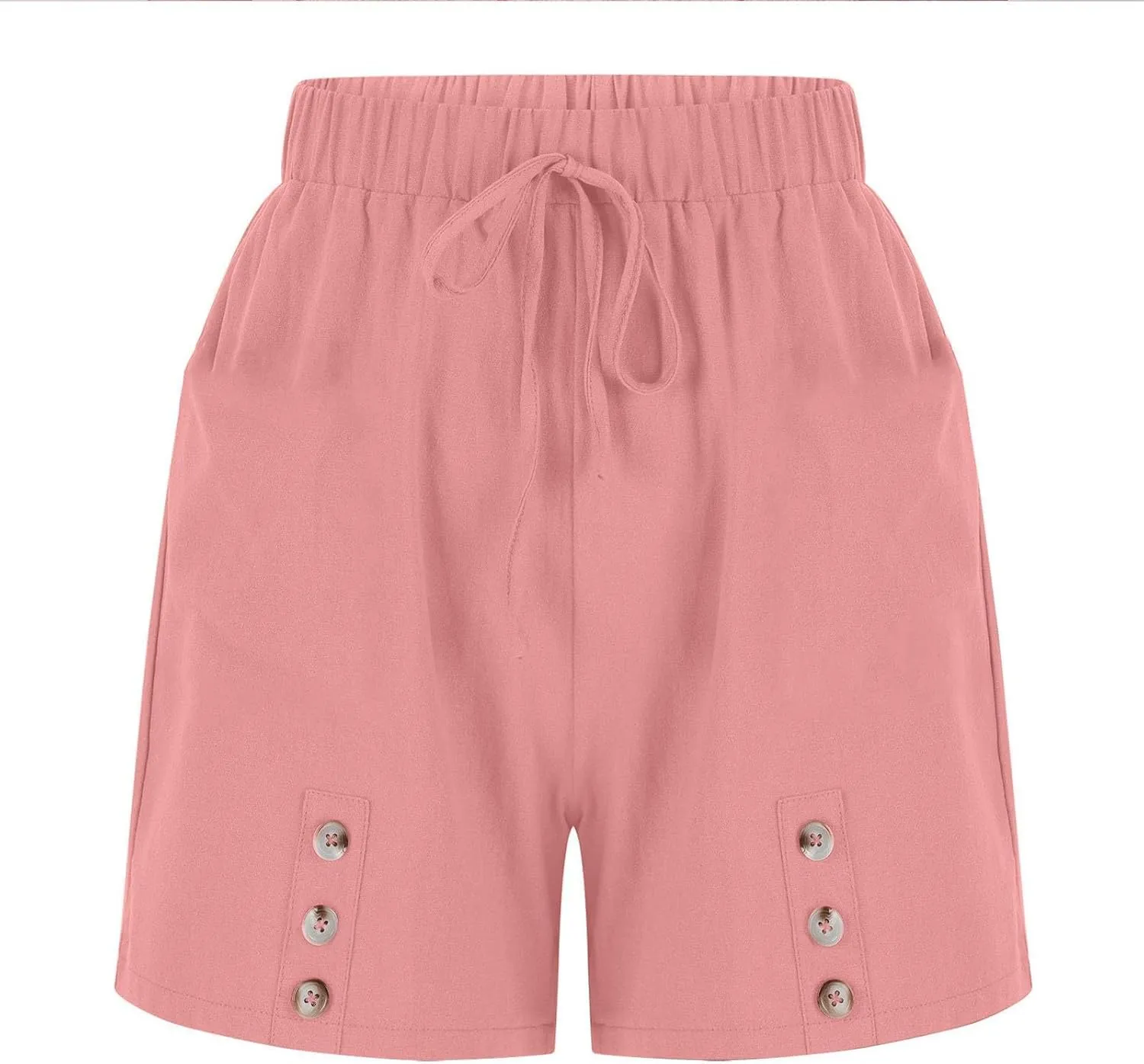 Shorts for Women Long Hawaiian Summer Elastic Flowy Shorts Front Button Cotton Linen Solid High Waisted Pants Vacation