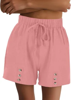 Shorts for Women Long Hawaiian Summer Elastic Flowy Shorts Front Button Cotton Linen Solid High Waisted Pants Vacation