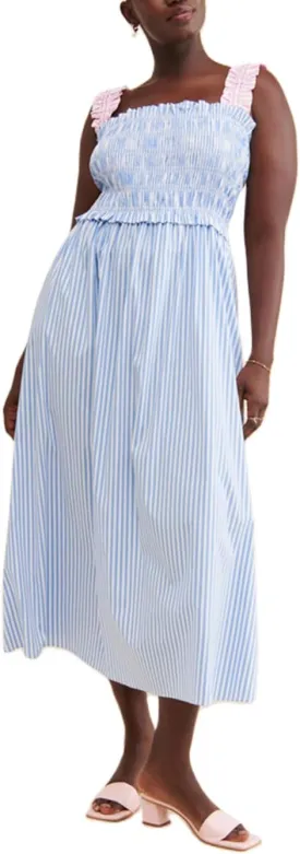 SOLILOQUY Women Boho Striped Midi Dress Spaghetti Strap Scoop Neck Smock Bodice Tiered A-Line Flowy Sundress Summer Vacation
