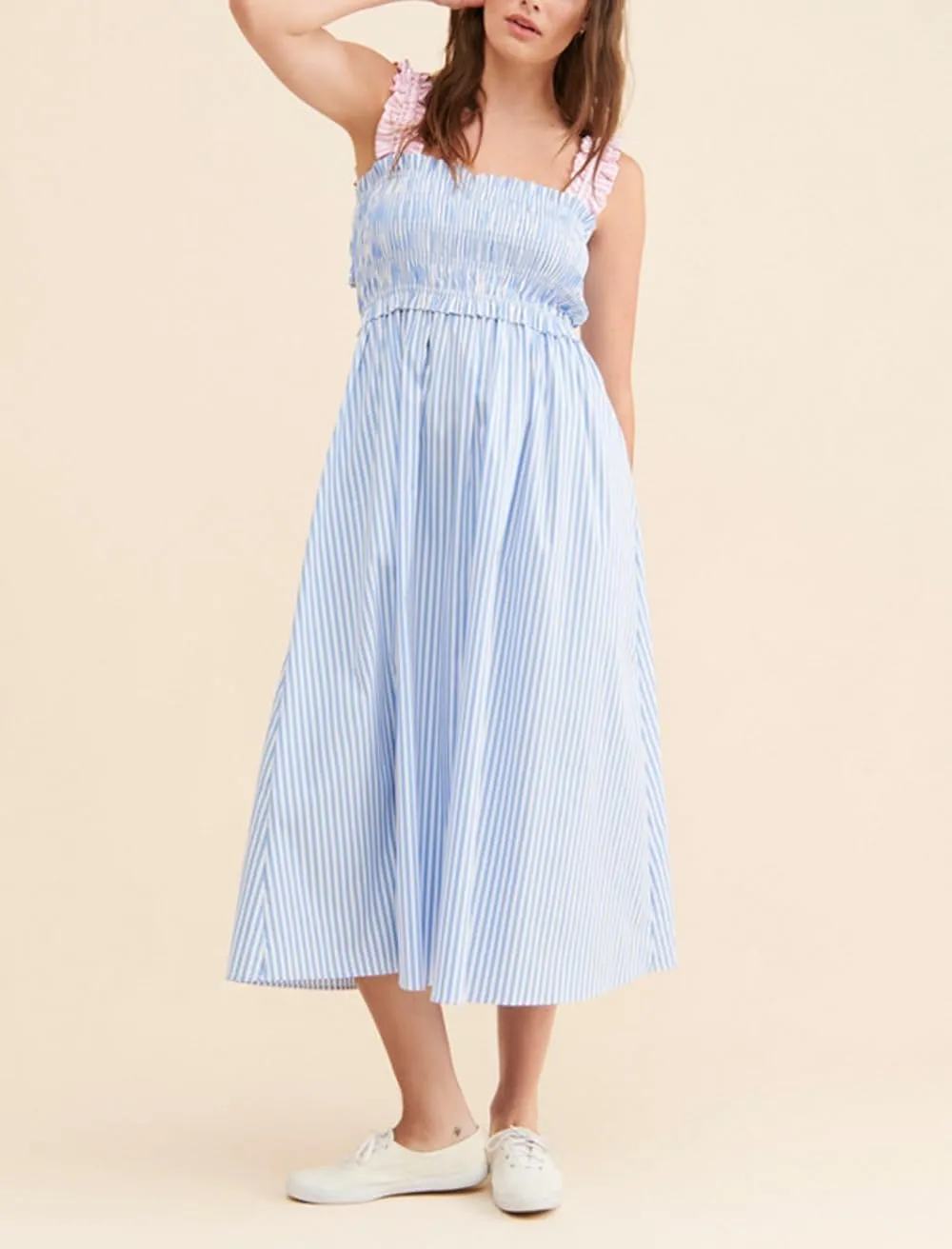 SOLILOQUY Women Boho Striped Midi Dress Spaghetti Strap Scoop Neck Smock Bodice Tiered A-Line Flowy Sundress Summer Vacation