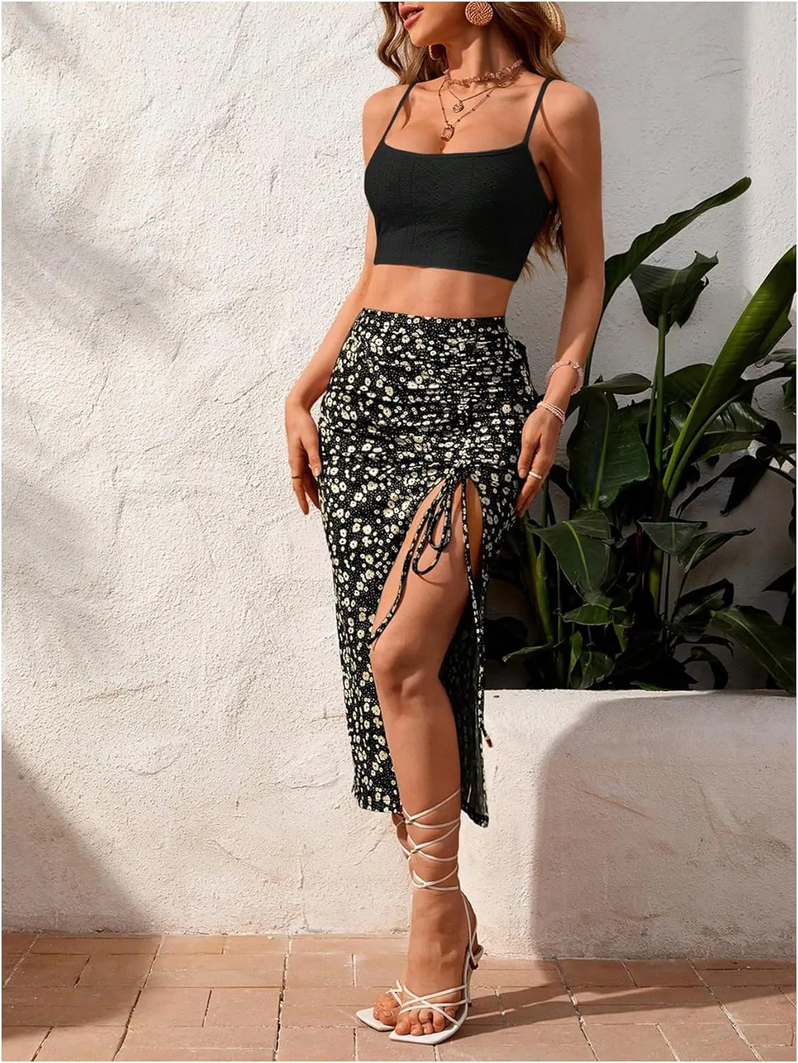 SOLY HUX Women's Summer Two Piece Outfits Cami Tops and Floral Print Drawstring Split Skirt Set