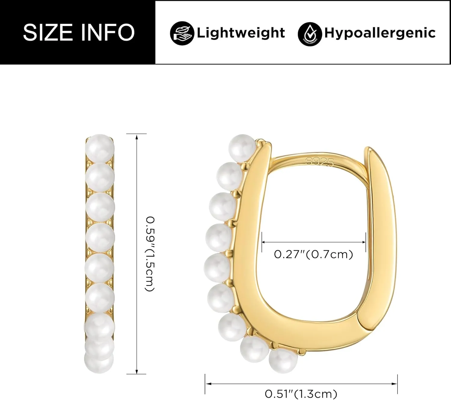 SWEETV 14K Gold Plated 925 Sterling Silver Post U-Shaped Square Hoop Earrings -Rectangle Gold Hoop Earrings for Women Girls Cubic Zirconia