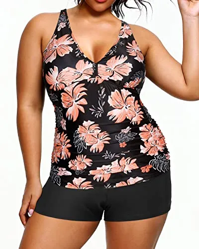 Two Piece Plus Size Tankini Shorts Bathing Suits For Women-Black Orange Floral