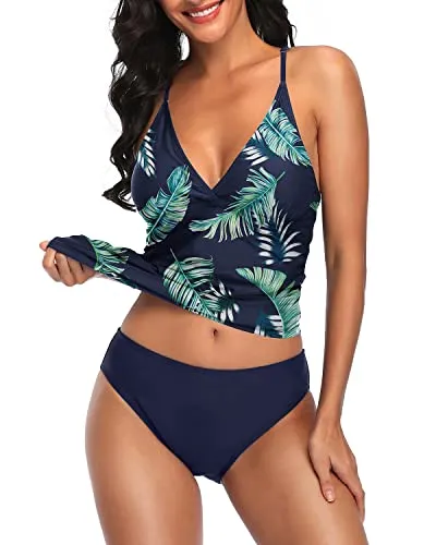 Two Piece V Neck Tankini Bathing Suits Set For Women-Blue Leaves