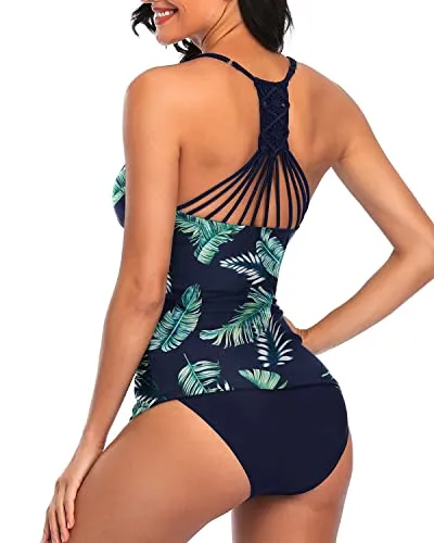 Two Piece V Neck Tankini Bathing Suits Set For Women-Blue Leaves