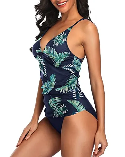 Two Piece V Neck Tankini Bathing Suits Set For Women-Blue Leaves