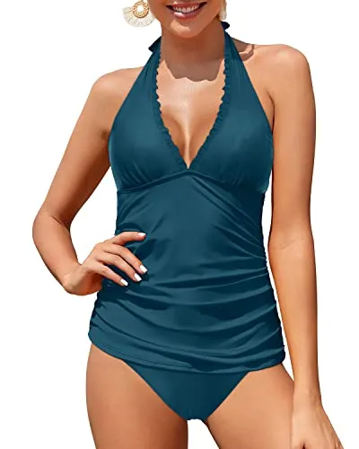 Two Piece V Neck Tankini Swimsuits With Bikini Bottoms For Women-Teal