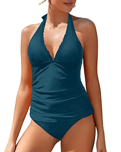 Two Piece V Neck Tankini Swimsuits With Bikini Bottoms For Women-Teal