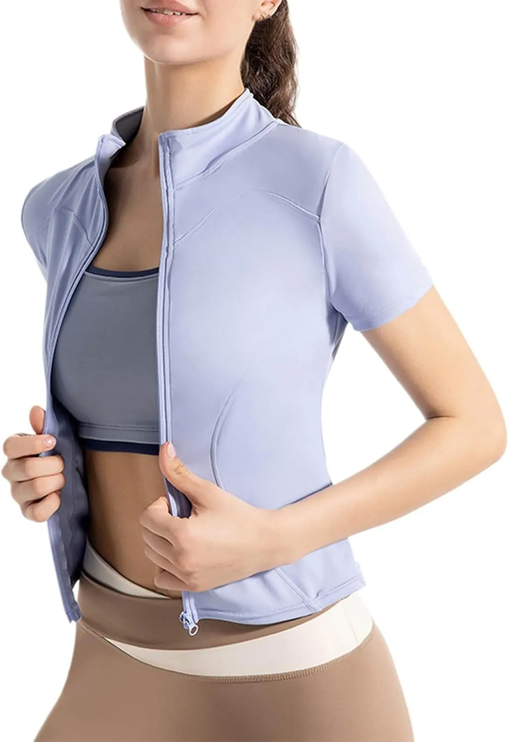 Uillui Athletic Zip Up Jacket Women UPF 50 Cropped Lightweight Workout Jacket Sports Short Sleeve Slim Fit Yoga Running Tops