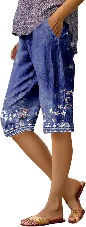 UOFOCO Womens Casual Shorts Floral Print Elastic Waist Summer Loose Trendy Going Out Five-Pointed Pants