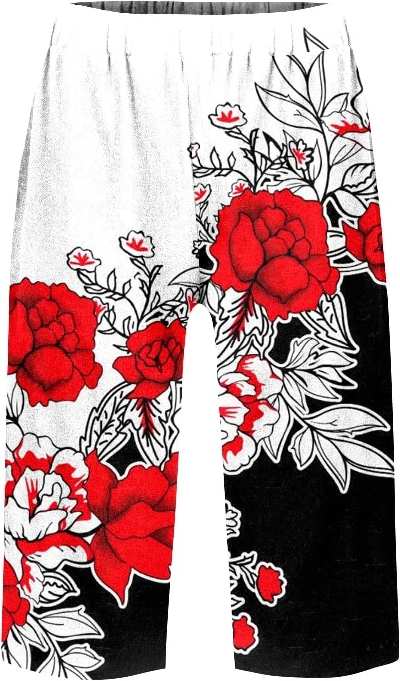 UOFOCO Womens Casual Shorts Floral Print Elastic Waist Summer Loose Trendy Going Out Five-Pointed Pants