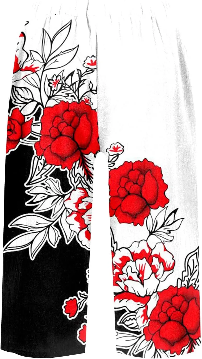 UOFOCO Womens Casual Shorts Floral Print Elastic Waist Summer Loose Trendy Going Out Five-Pointed Pants