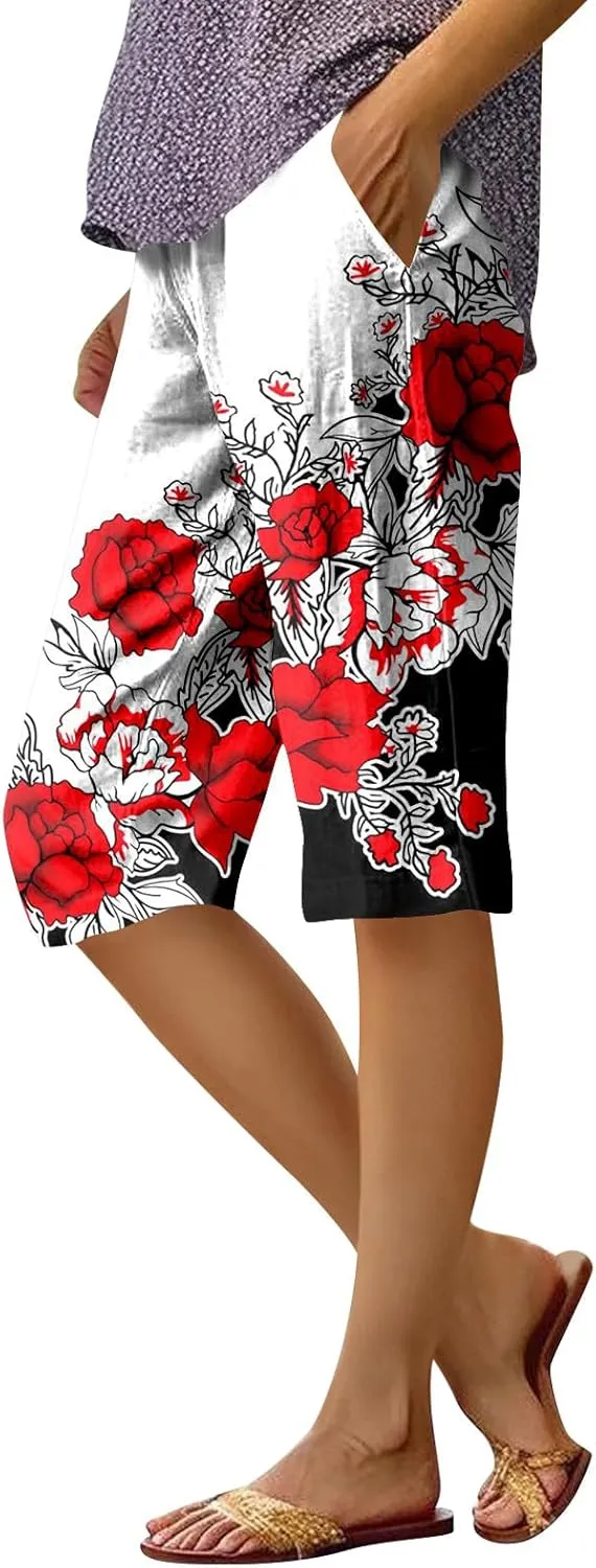 UOFOCO Womens Casual Shorts Floral Print Elastic Waist Summer Loose Trendy Going Out Five-Pointed Pants