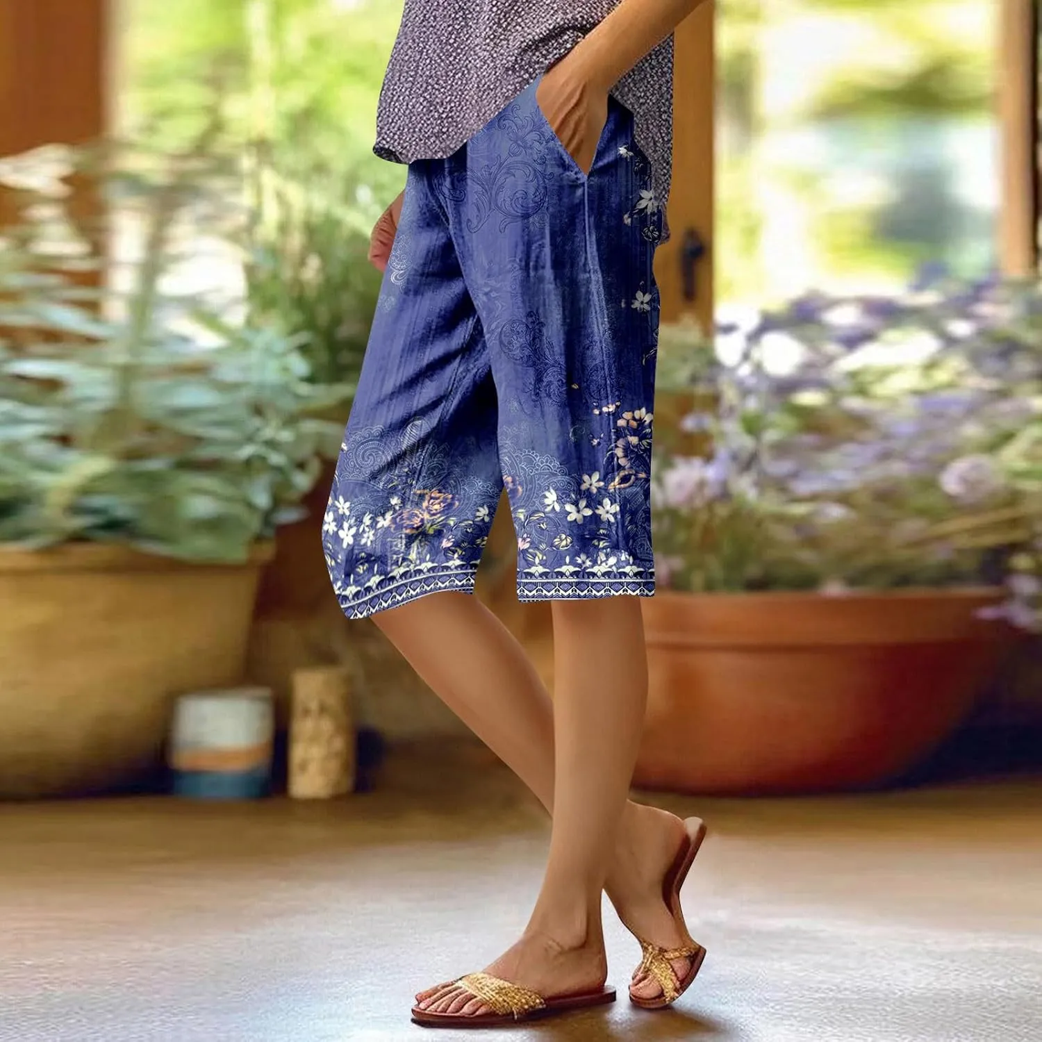 UOFOCO Womens Casual Shorts Floral Print Elastic Waist Summer Loose Trendy Going Out Five-Pointed Pants