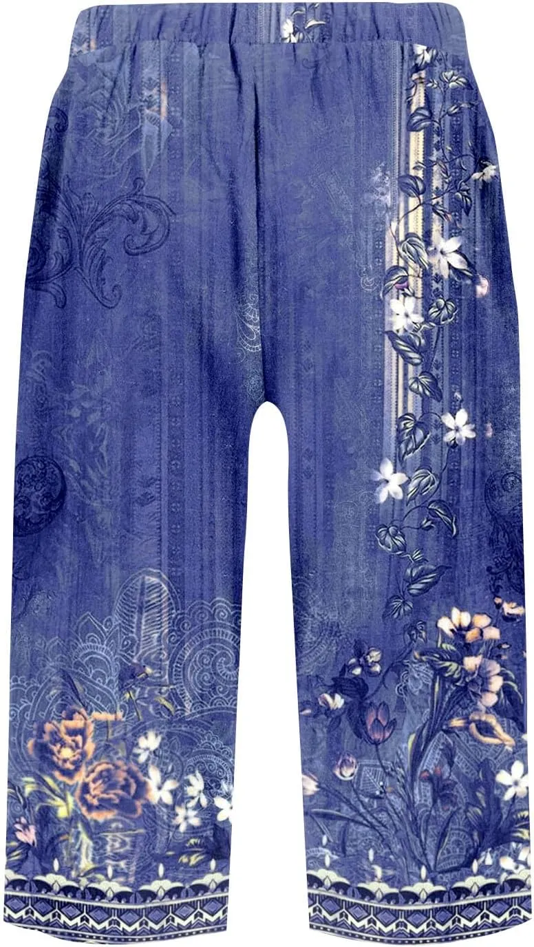 UOFOCO Womens Casual Shorts Floral Print Elastic Waist Summer Loose Trendy Going Out Five-Pointed Pants