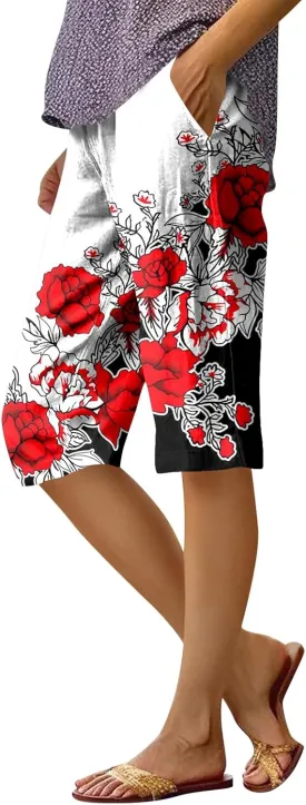 UOFOCO Womens Casual Shorts Floral Print Elastic Waist Summer Loose Trendy Going Out Five-Pointed Pants