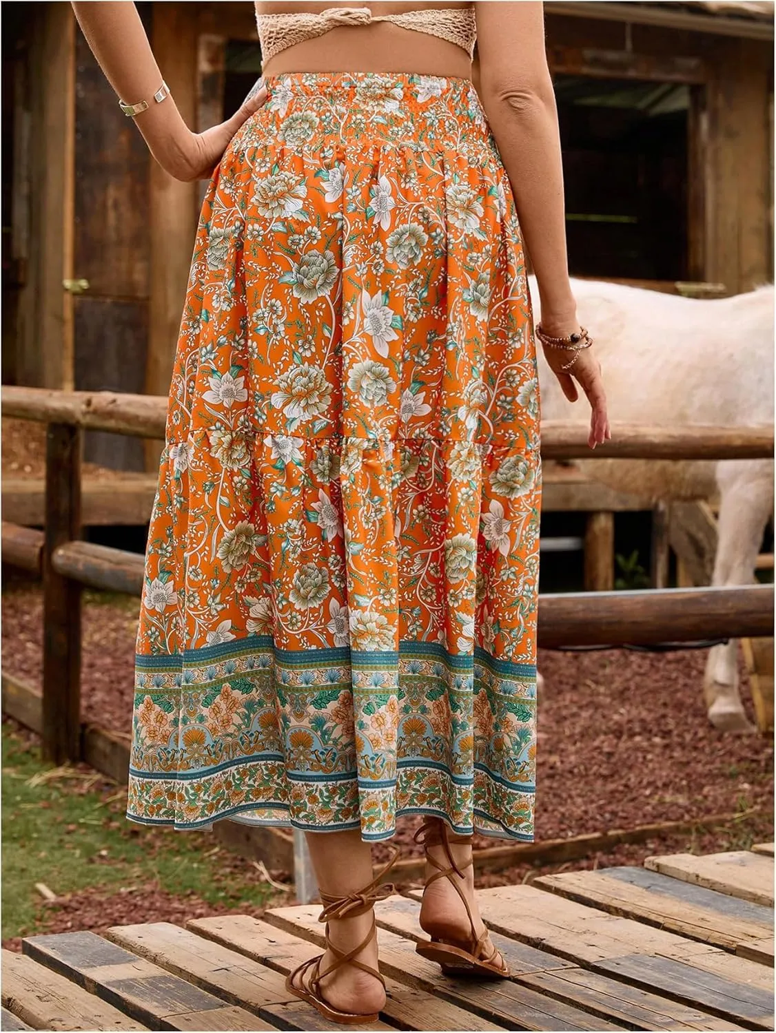 Verdusa Women's Floral High Waisted Ruffle Long Skirt Boho Drawstring Tiered Flowy Maxi Skirts