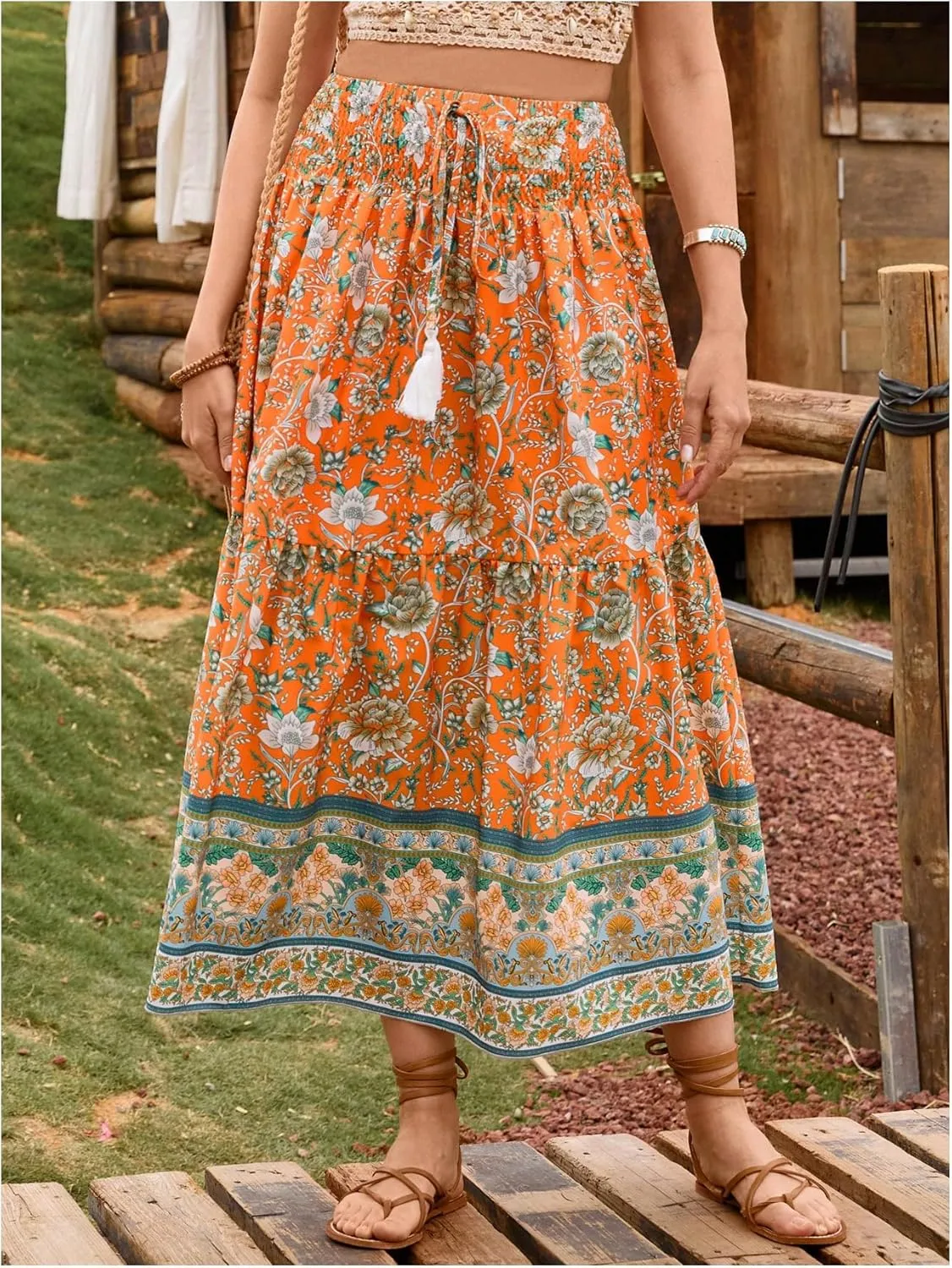 Verdusa Women's Floral High Waisted Ruffle Long Skirt Boho Drawstring Tiered Flowy Maxi Skirts