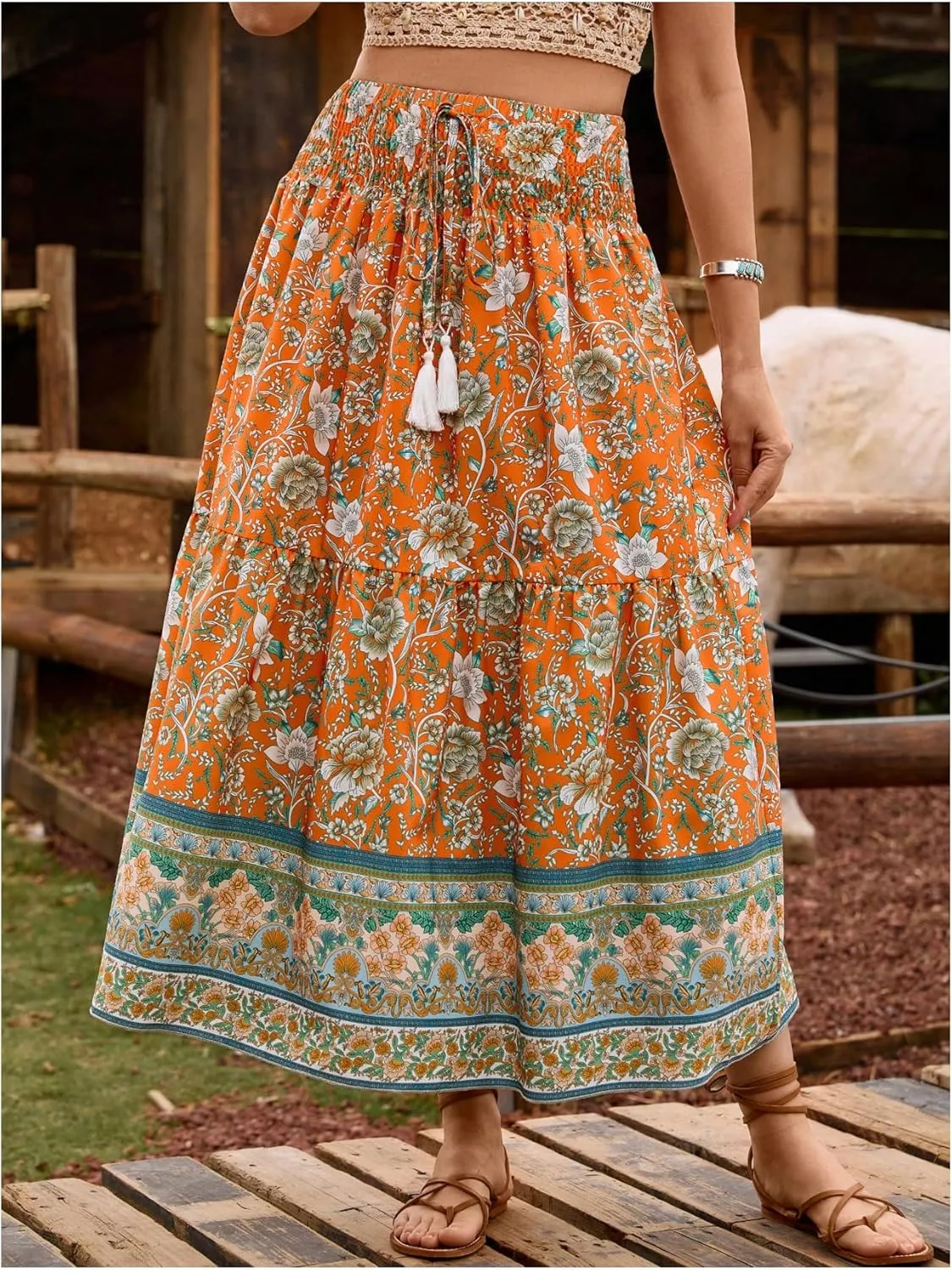 Verdusa Women's Floral High Waisted Ruffle Long Skirt Boho Drawstring Tiered Flowy Maxi Skirts