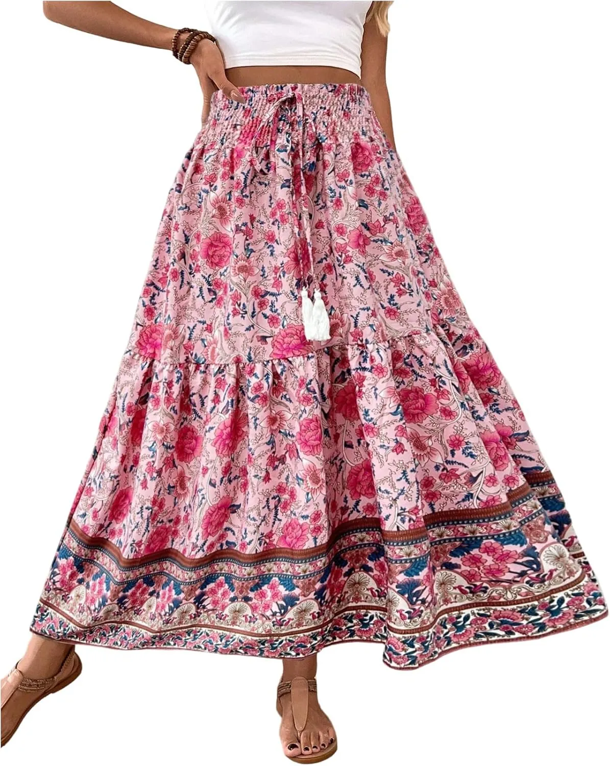 Verdusa Women's Floral High Waisted Ruffle Long Skirt Boho Drawstring Tiered Flowy Maxi Skirts