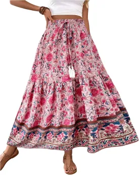 Verdusa Women's Floral High Waisted Ruffle Long Skirt Boho Drawstring Tiered Flowy Maxi Skirts