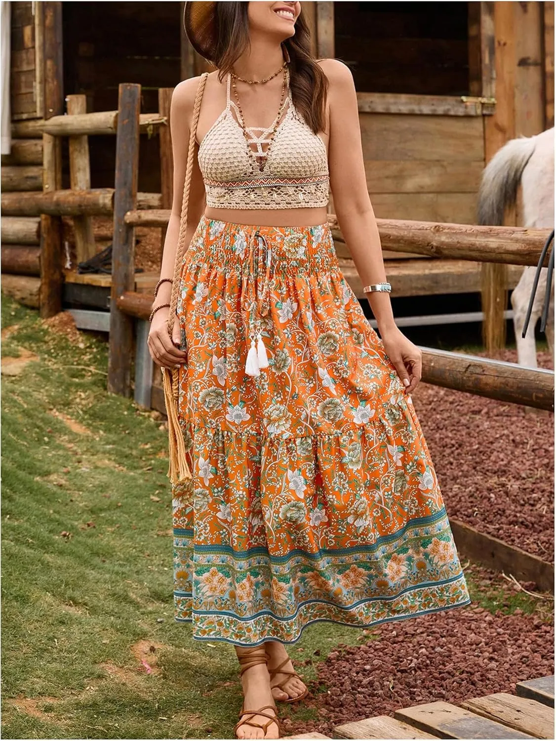 Verdusa Women's Floral High Waisted Ruffle Long Skirt Boho Drawstring Tiered Flowy Maxi Skirts
