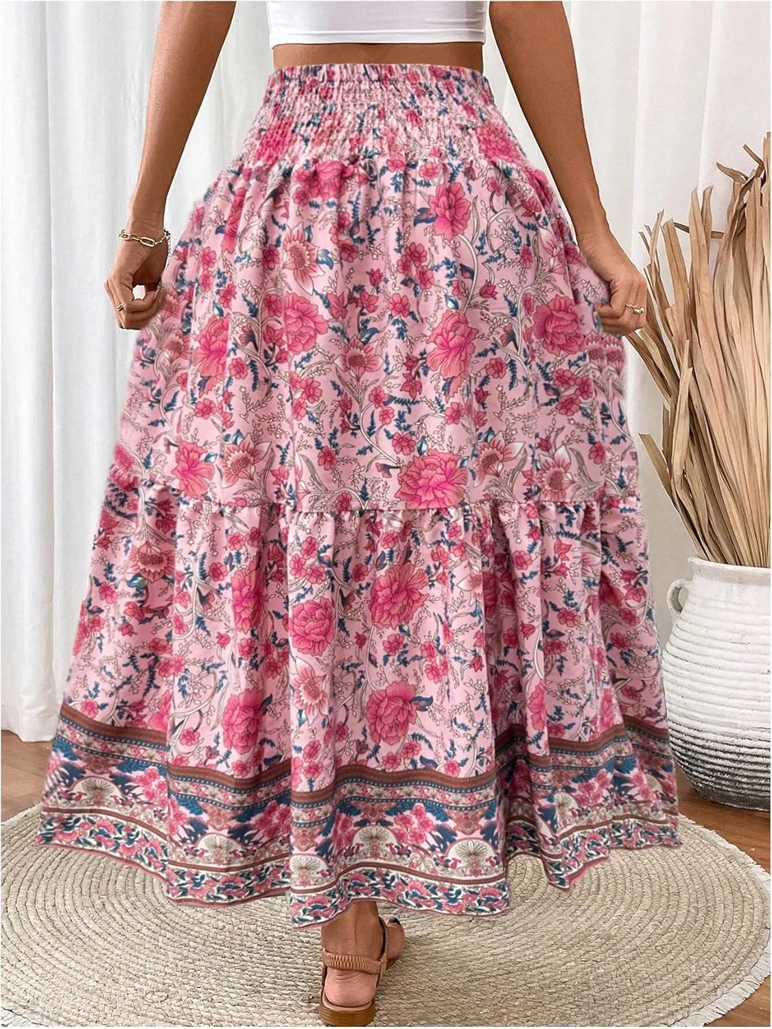 Verdusa Women's Floral High Waisted Ruffle Long Skirt Boho Drawstring Tiered Flowy Maxi Skirts