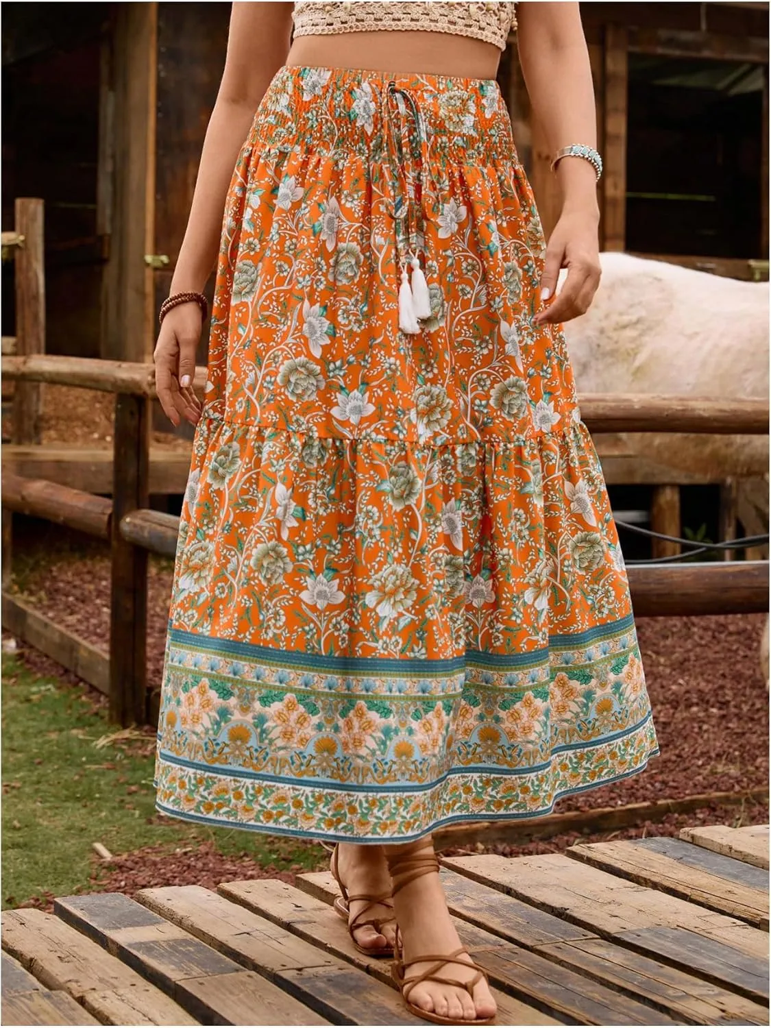 Verdusa Women's Floral High Waisted Ruffle Long Skirt Boho Drawstring Tiered Flowy Maxi Skirts