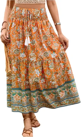 Verdusa Women's Floral High Waisted Ruffle Long Skirt Boho Drawstring Tiered Flowy Maxi Skirts
