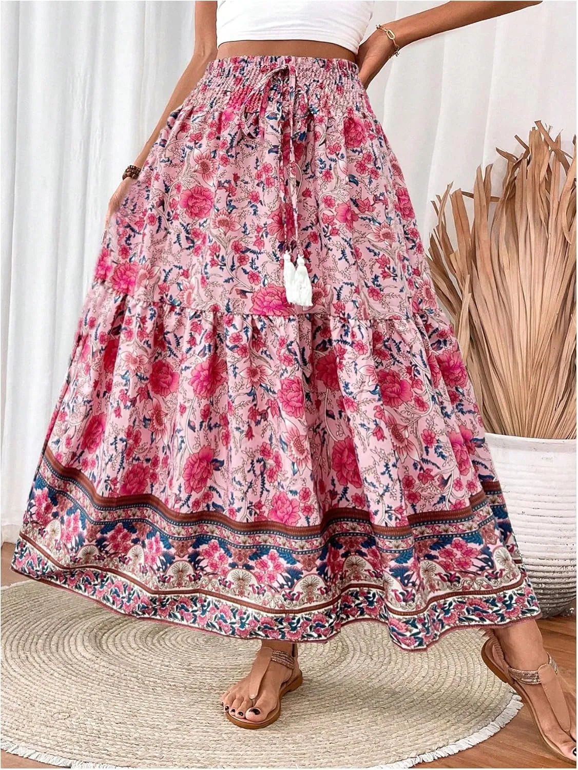 Verdusa Women's Floral High Waisted Ruffle Long Skirt Boho Drawstring Tiered Flowy Maxi Skirts