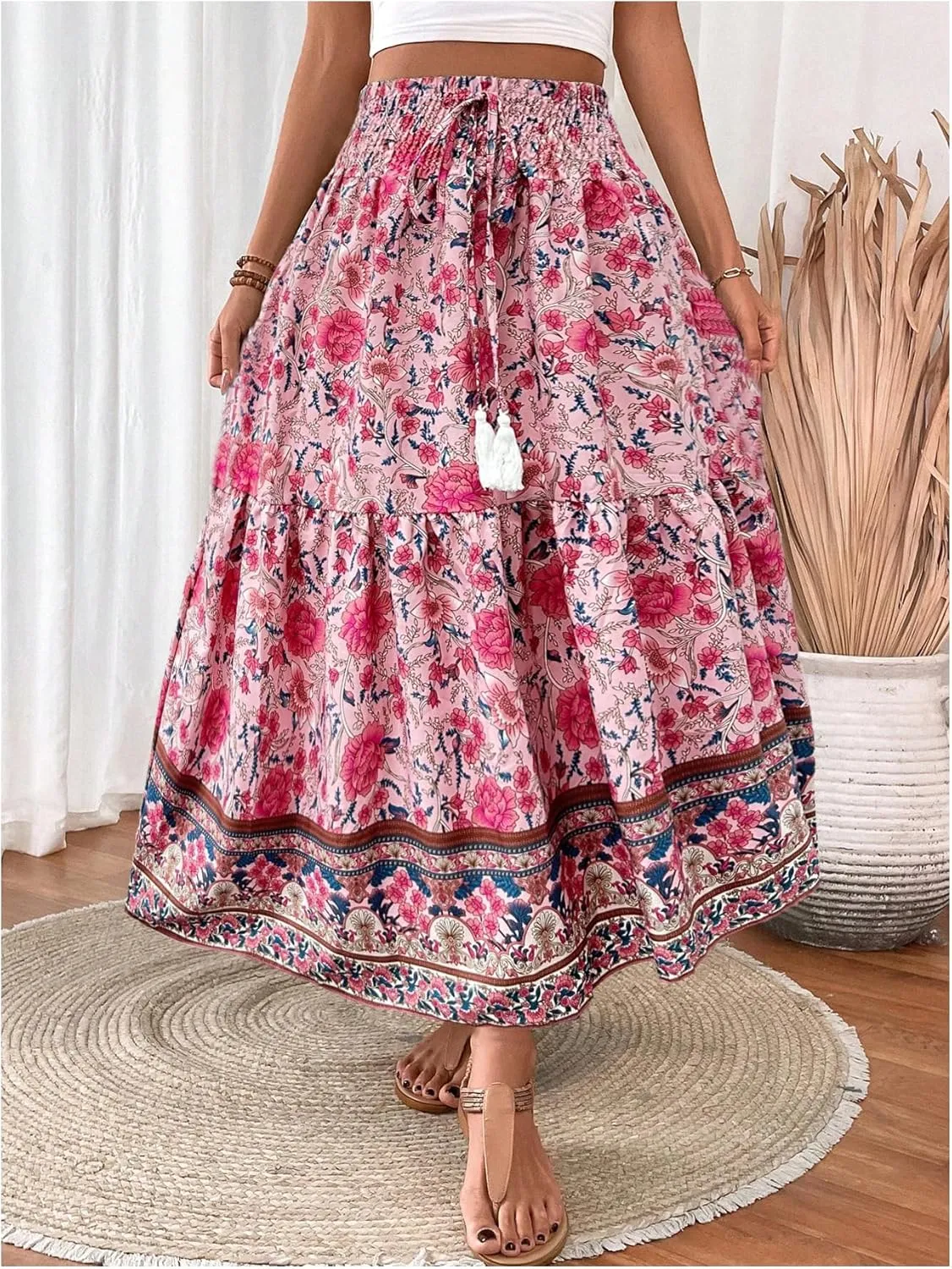Verdusa Women's Floral High Waisted Ruffle Long Skirt Boho Drawstring Tiered Flowy Maxi Skirts