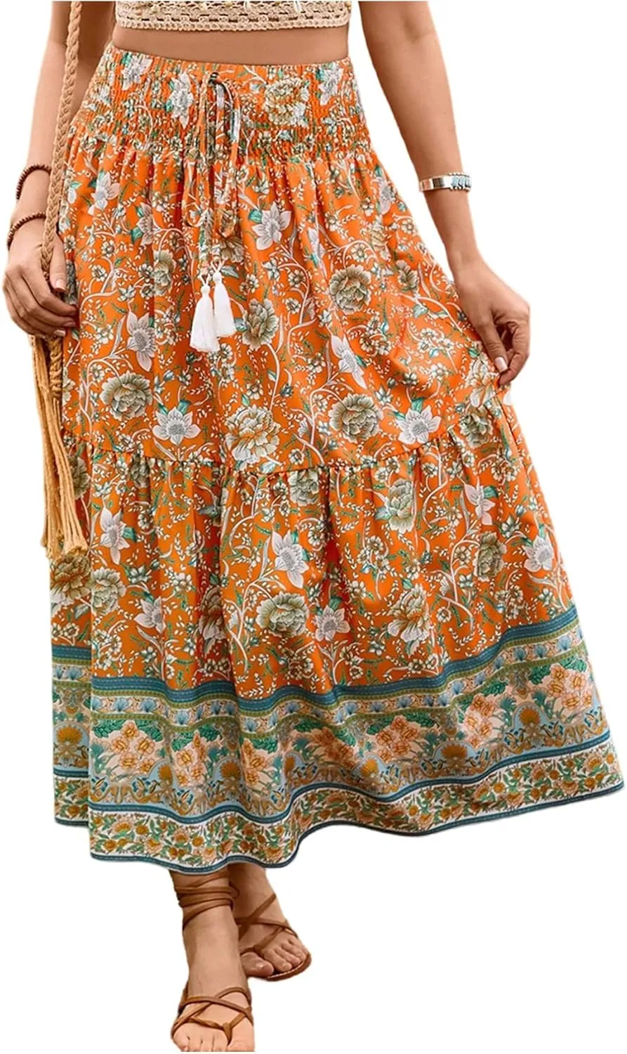 Verdusa Women's Floral High Waisted Ruffle Long Skirt Boho Drawstring Tiered Flowy Maxi Skirts